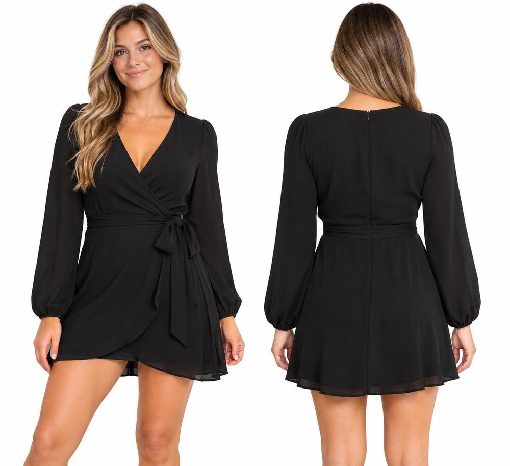 Altar'd State Womens L Black Wrap Mini Dress Long Sleeve V Neck Belted